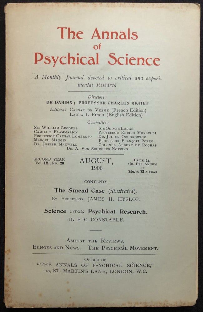 Item #H28901 The Annals of Psychical Science, August 1906, Vol. IV no. 20. James H. Hyslop, F. C. Constable.