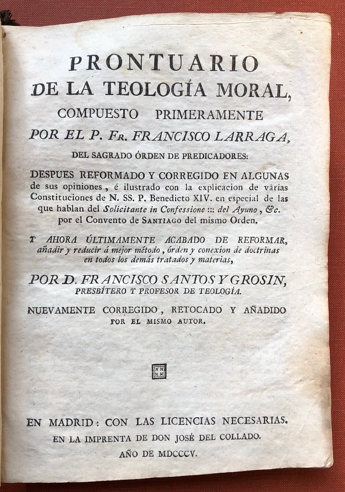 Item #H3841 Prontuario de la Teologia Moral. Francisco Larraga.