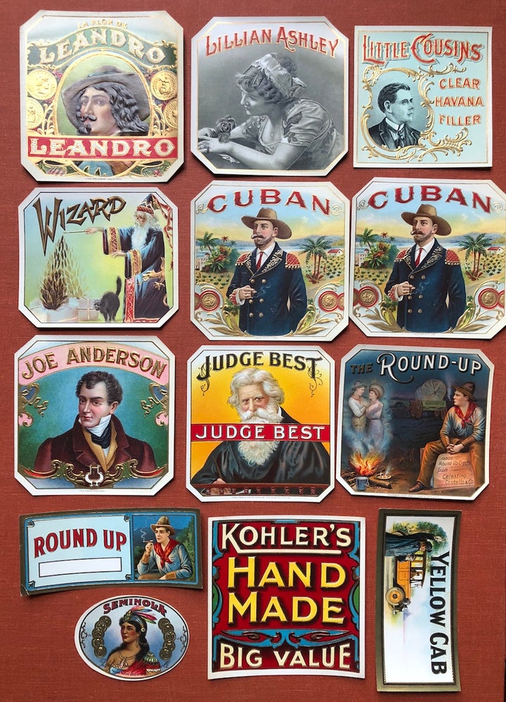 Item #H4266 Lot of 13 unused cigar box labels, 1900s: The Round-Up, Judge Best, Joe Anderson, Cuban (2), Yellow Cab, Wizard, Lillian Ashely, Leandro, Kohler's Hand Made Big Value, Little Cousins Clear Havana Filler, Siminola, Round Up (smaller). Cigar Box Labels.