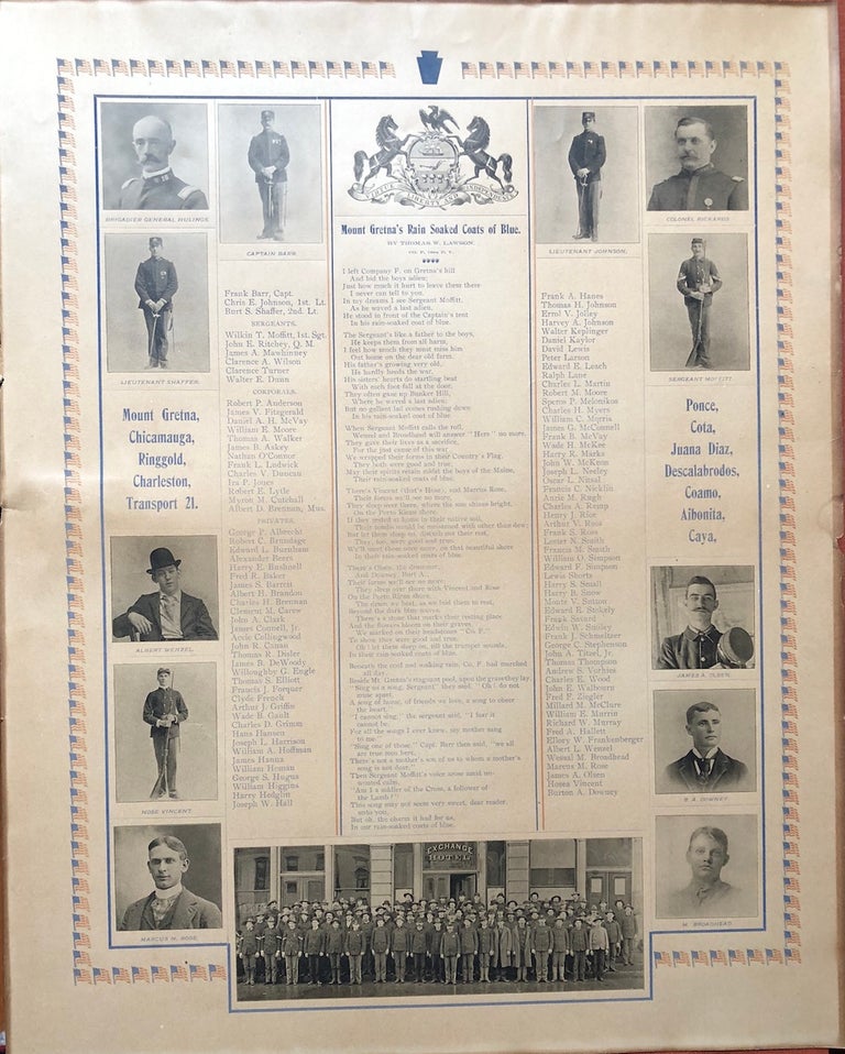Item #H4280 Mount Gretna's Rain Soaked Coats of Blue (Ca. 1899 memorial broadside for soldiers from PA 16th Volunteer Infantry who died in the Civil War and the Spanish American War). Thomas W. Lawson.
