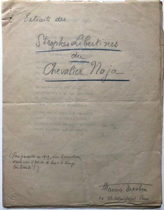 Item #H4478 Extraits des Strophes Libertines du Chevalier Naja (handwritten cover page plus ten...