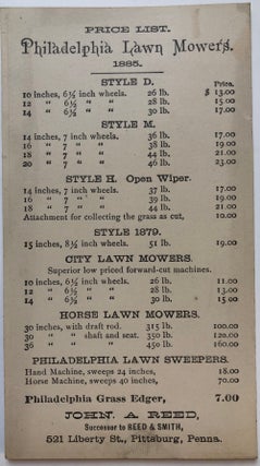 1885 trade card price list for Philadelphia Lawn Mowers with chromolithograph image