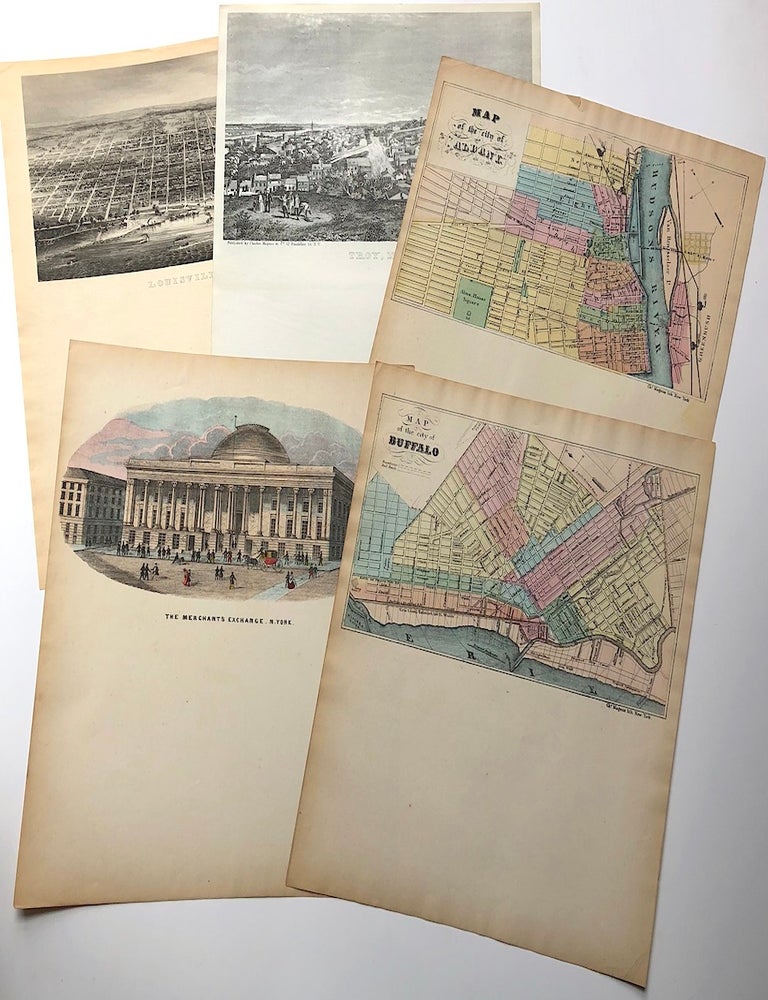 Item #H4972 5 Charles Magnus 1860s-70s letterhead views/maps: The Merchants Exchange, New York; Map of the City of Albany; Map of the City of Buffalo, View of Troy, NY; View of Louisville, KY. lithographer Charles Magnus.