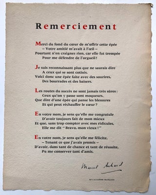 Item #H5915 Remerciement - signed broadside poem. Marcel Achard
