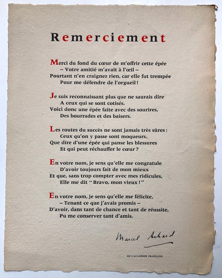 Item #H5915 Remerciement - signed broadside poem. Marcel Achard.