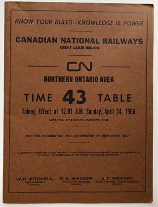 Item #H6526 Canadian National Railways Great Lakes Region, Northern Ontario Area Time Table no....
