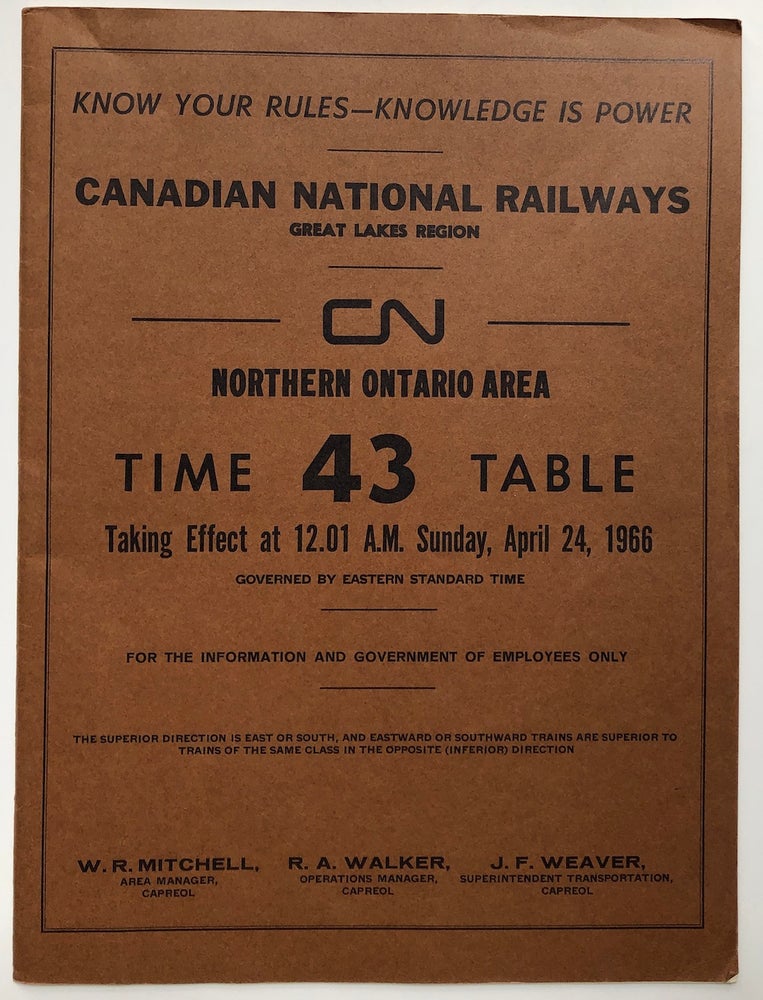 Item #H6526 Canadian National Railways Great Lakes Region, Northern Ontario Area Time Table no. 43, April 24, 1956. Canadian National Railways.