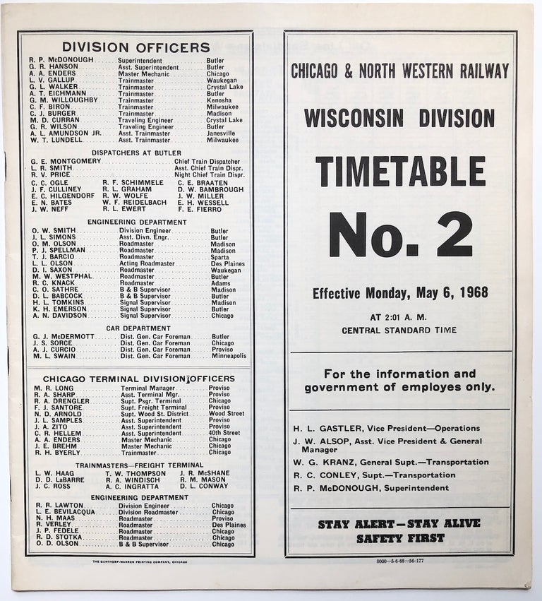 Item #H6532 Chicago and North Western Railway, Wisconsin Division, Timetable No. 2...May 6, 1968. Chicago, North Western Railway.