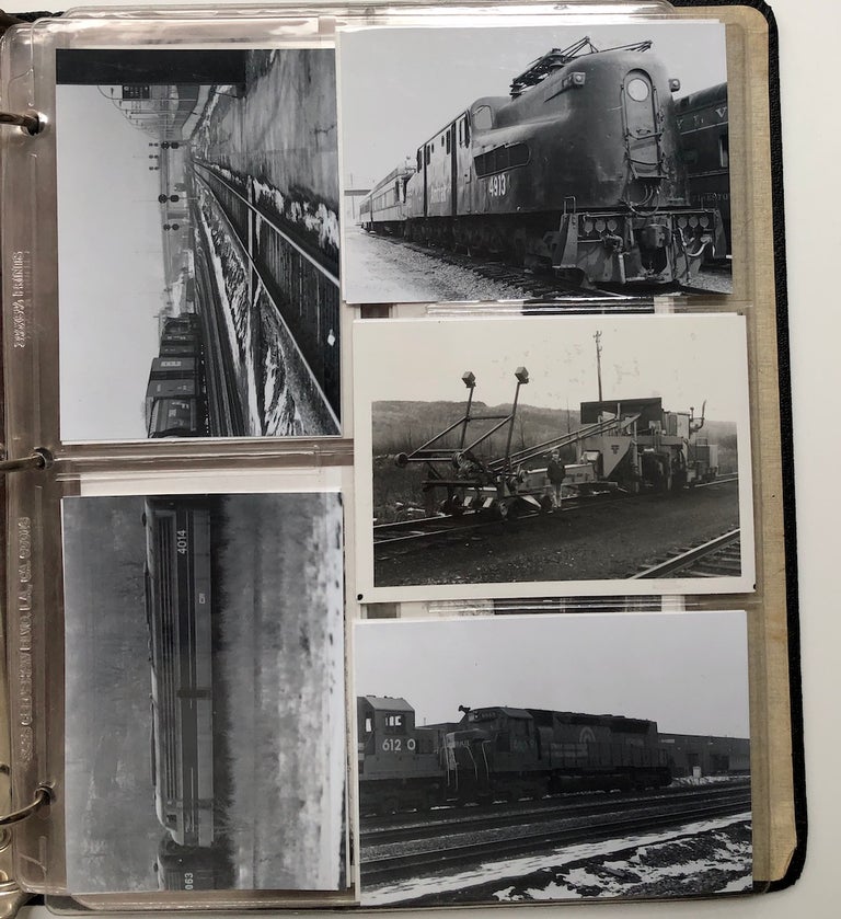Item #H6542 Binder with 74 b&w original photos of trains, tracks, locomotives, stations, etc. ca. 1985, Ontario Canada, Arcade NY, Batavia NY etc. Railroads.