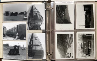 Binder with 74 b&w original photos of trains, tracks, locomotives, stations, etc. ca. 1985, Ontario Canada, Arcade NY, Batavia NY etc.