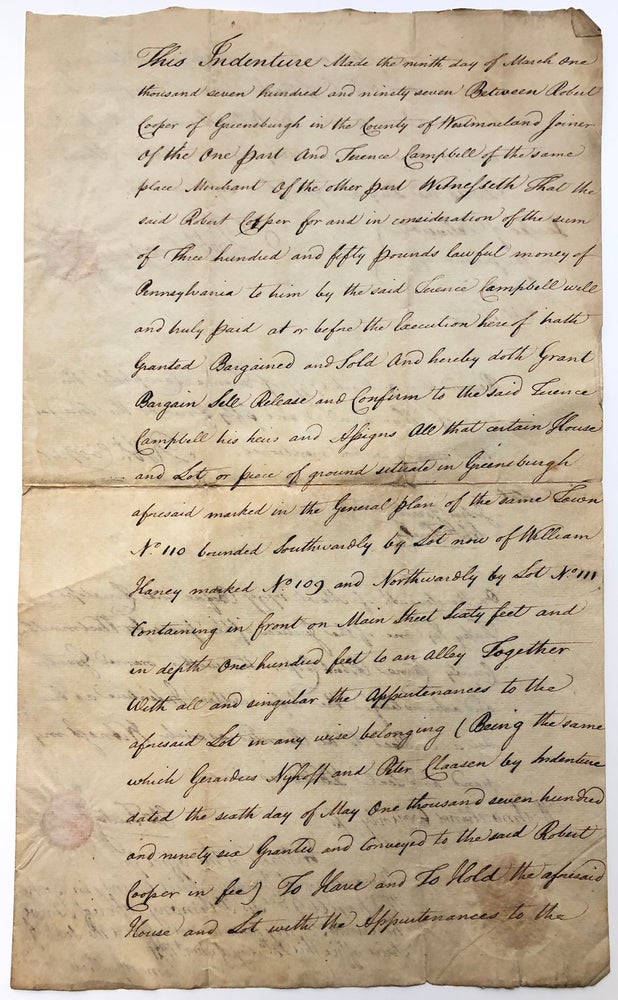 Item #H6699 Handwritten large deed (indenture) for land and house on Main Street, Greensburg PA 1796. Pennsylvania - Westmoreland County.
