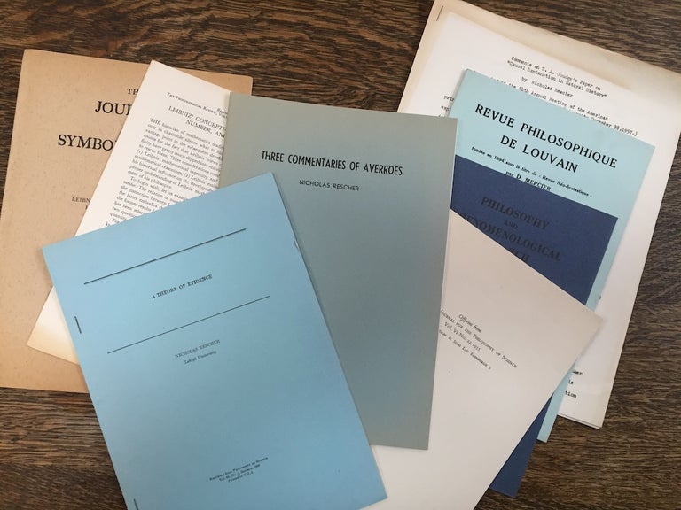 Item #H675 8 offprints from the collection of Adolf Grünbaum: 1) The Distinction between Predicate, Intension and Extension (1959); 2) Discussion: A Reinterpretation of Degrees of Truth (1958); 3) Logical Analysis of Gestalt Concepts (co written with Paul Oppenheim) 1955; 4) Three Commentaries of Averroes (1959); 5) A Theory of Evidence (1958); 6) Leibniz' Conception of Quantity, Number, and Infinity (1955); 7) Leibniz's Interpretation of his Logical Calculi (1954); 8) Comments on T. A. Goudge's Paper on "Causal Explanation in Natural History" (Presentated at an American Philosophical Association Meeting in 1957). Nicholas Rescher.