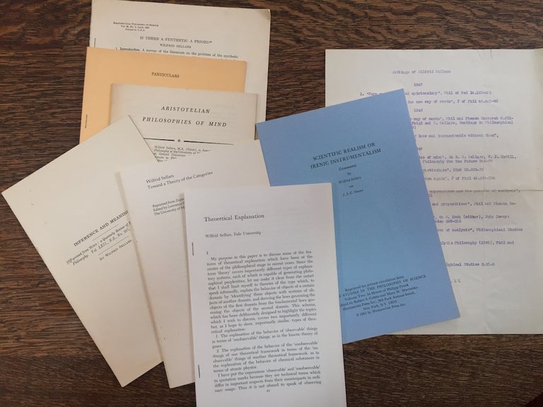 Item #H682 8 offprints from the collection of Adolf Grünbaum: 1) Aristotelian Philosophies of Mind (1949); 2) Particulars (1952); 3) Is There a Synthetic A Priori? (1953); 4) A ditto'd sheet of the Writings of Wilfrid Sellars giving his publications 1947-51 with some pencilled additions; 5) Scientific Realism or Irenic Instrumentalism, Comments by Wilfrid Sellars on J. J. C. Smart (1965); 6) Theoretical Explanation; 7) Toward a Theory of Categories (1970); 8) Inference and Meaning (1953). Wilfrid Sellars.