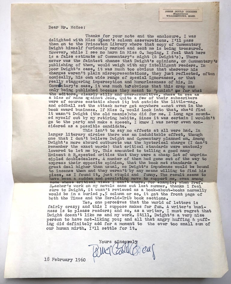Item #H6868 Original typed letter, signed, from 1960, commenting derisively on Dwight MacDonald's negative review of 'By Love Possessed' published in Commentary in 1958. James Gould Cozzens.
