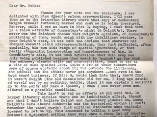Original typed letter, signed, from 1960, commenting derisively on Dwight MacDonald's negative review of 'By Love Possessed' published in Commentary in 1958