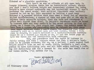 Original typed letter, signed, from 1960, commenting derisively on Dwight MacDonald's negative review of 'By Love Possessed' published in Commentary in 1958