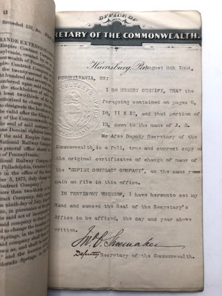 Records and Documents Relating to the Incorporation and Organization of the Philadelphia Company, Organized May 24, 1884 [George Westinghouse's main solicitor John Dalzell's personal copy with documents signed by John Shoemaker, the Deputy Secretary of the Commonwealth); a second copy of the same publication, paginated differently, without signed documents; Annual Report of the Philadelphia Company for 1885-86 together with Records and Documents relating to the Incorporation and Organization of the Philadelphia Compoany...(1886)
