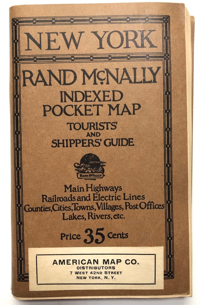Item #H7264 Rand McNally Indexed Pocket map, Tourists' and Shippers' guide of New York -- railroads, electric lines, post offices, express, telegraph and mail service; counties, municipal townships, cities, towns, villages, rivers, lakes, islands, creeks, etc., air service landing fields, population according to the latest official census, main highways. Rand McNally Co.