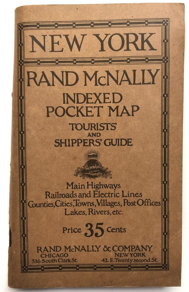 Item #H7265 Rand McNally Indexed Pocket map, Tourists' and Shippers' guide of New York -- railroads, electric lines, post offices, express, telegraph and mail service; counties, municipal townships, cities, towns, villages, rivers, lakes, islands, creeks, etc., air service landing fields, population according to the latest official census, main highways. Rand McNally Co.