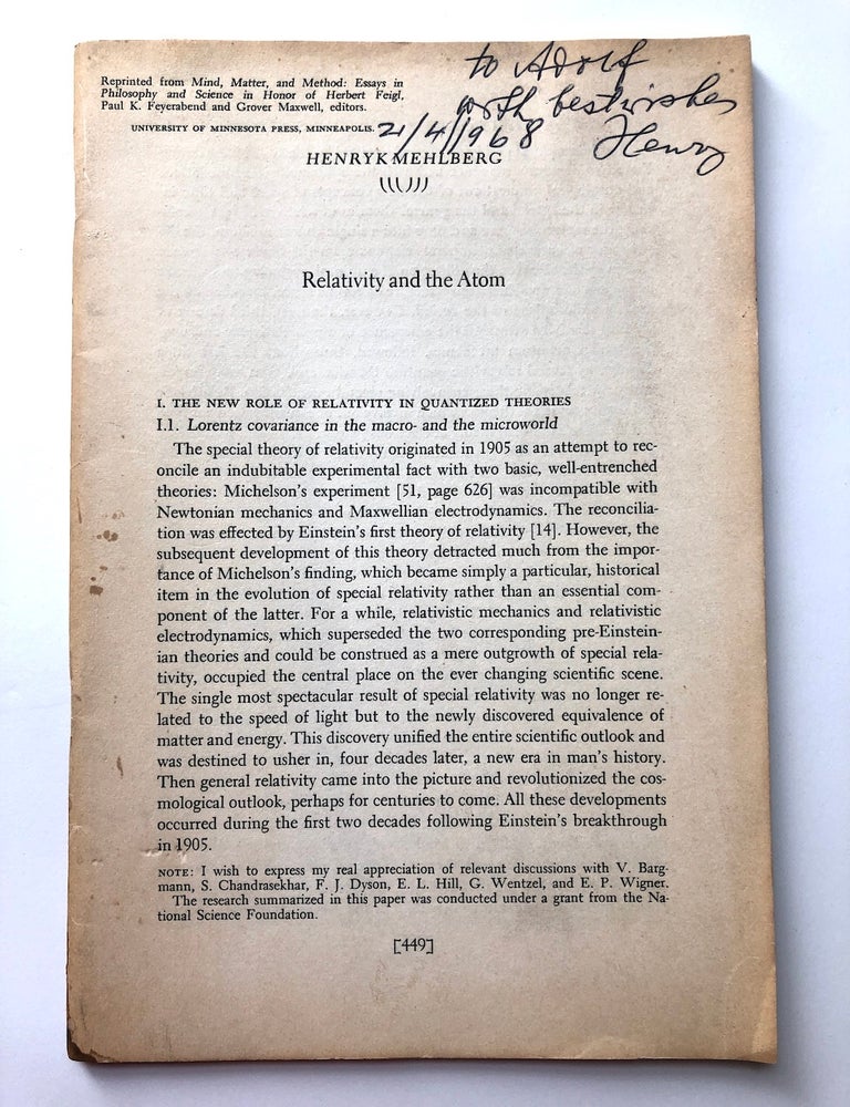 Relativity and the Atom offprint, inscribed to Adolf Grunbaum | Henry K ...