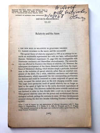Item #H7476 Relativity and the Atom (offprint, inscribed to Adolf Grunbaum). Henry K. Mehlberg