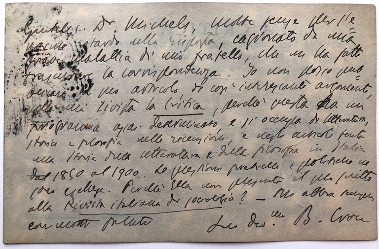 Item #H7717 1904 autograph note on La Critica postcard to Robert Michels, Italian sociologist, asking for an article. Benedetto Croce.