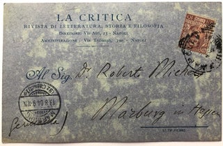 1904 autograph note on La Critica postcard to Robert Michels, Italian sociologist, asking for an article