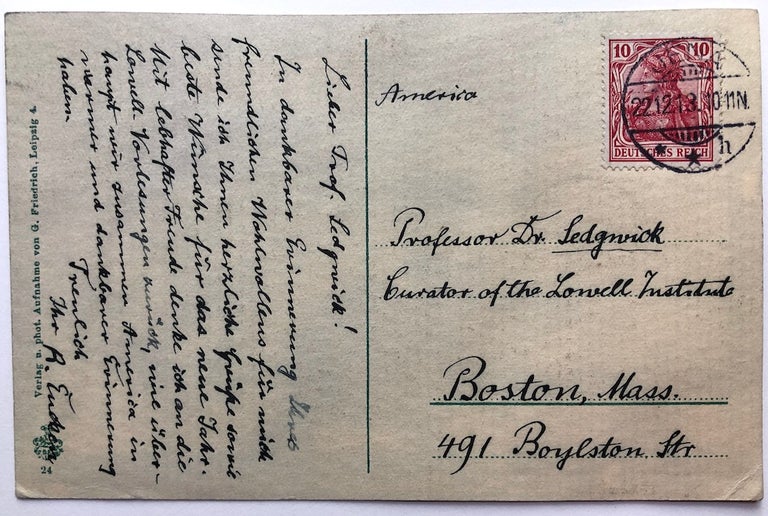 Item #H7718 1913 postcard from Nobel Prize Winner in Literature to William T. Sedgwick, pioneering public health figure in Boston. Rudolf Christian Eucken.