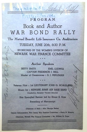 Item #H7719 1944 program flyer for Book and Author War Bond Rally, signed by Betty Smith, S. J....