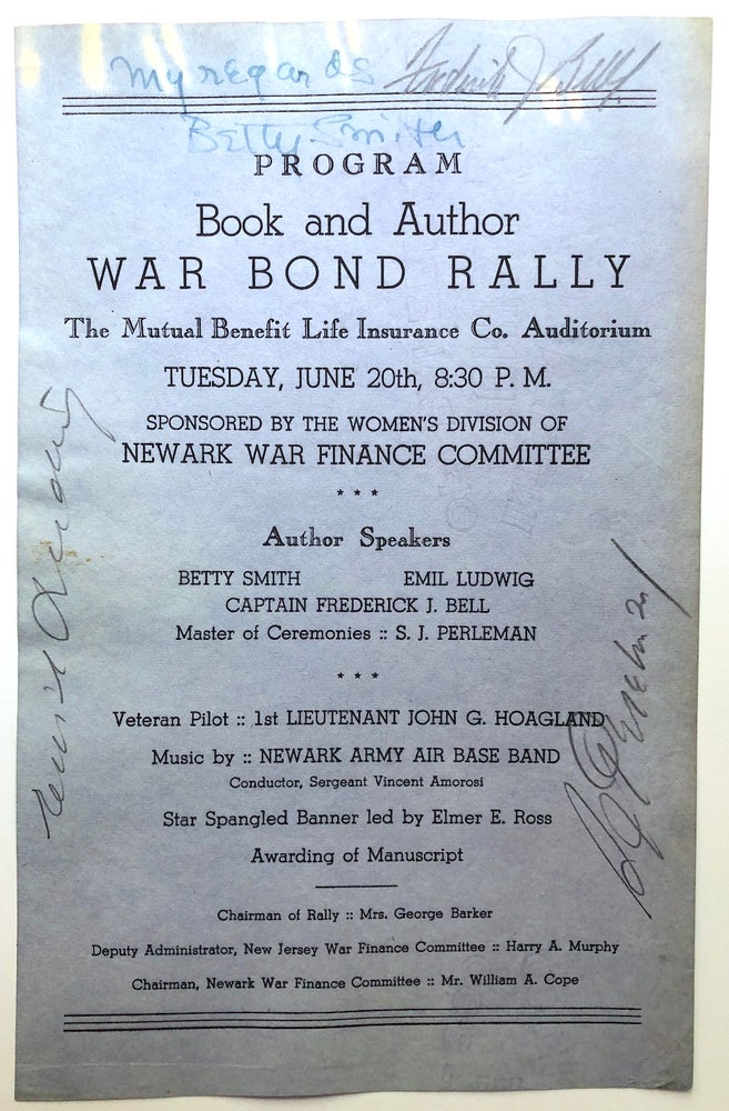 Item #H7719 1944 program flyer for Book and Author War Bond Rally, signed by Betty Smith, S. J. Perelman, Frederick Bell and Emil Ludwig. S. J. Perelman Betty Smith, Frederick Bell, Emil Ludwig.