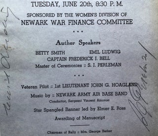 1944 program flyer for Book and Author War Bond Rally, signed by Betty Smith, S. J. Perelman, Frederick Bell and Emil Ludwig