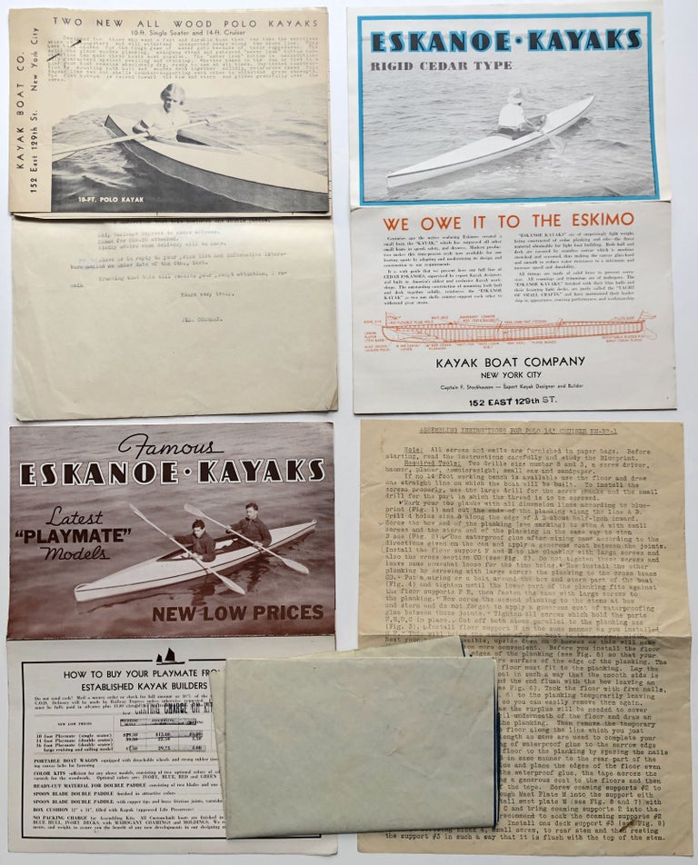 Item #H8264 2 pictorial brochures for Eskanoe Kayaks, assembly instructions, blueprint of kayak, plus 1938 order for a Kayak, etc., with 4pp brochure for Kayak Boat Company, order form, price list, pinned to a carbon of the typed order. Kayak Boat Co.