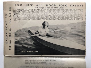 2 pictorial brochures for Eskanoe Kayaks, assembly instructions, blueprint of kayak, plus 1938 order for a Kayak, etc., with 4pp brochure for Kayak Boat Company, order form, price list, pinned to a carbon of the typed order
