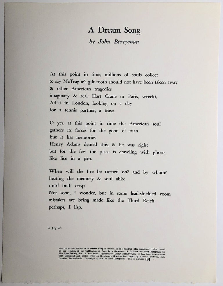 Item #H8267 A Dream Song (broadside limited to 150 numbered copies). John Berryman.