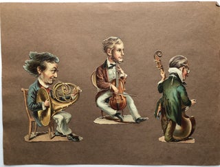 Item #H8282 1890s relief chromo die-cut caricatures of three musicians playing a French horn,...