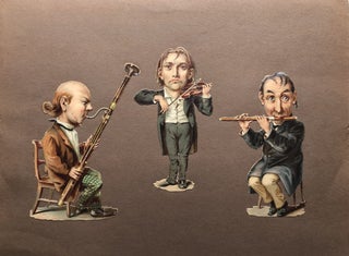 Item #H8284 1890s relief chromo die-cut caricatures of three musicians playing a bassoon, violin...