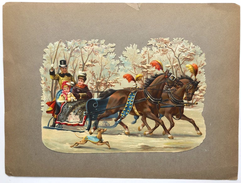 Item #H8296 Large 1890s relief die-cut charming winter scene: two horses carrying a family in a sleigh, with sleighbells and caped dog. n/a.
