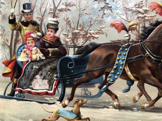 Large 1890s relief die-cut charming winter scene: two horses carrying a family in a sleigh, with sleighbells and caped dog