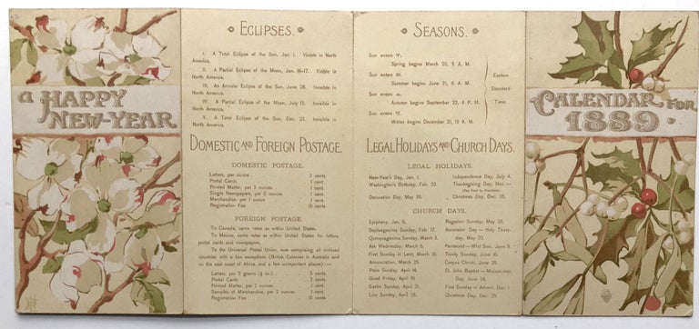 Item #H8302 Calendar for 1889, 12 x 5.25 accordion folded, chromolithographs. Miss L. B. Humphrey.