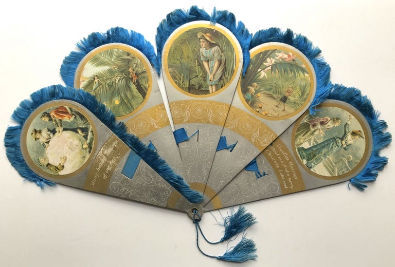 Item #H8303 Chromolithographed folding fan with blue tassel fringe: man in huge snowball, elves and forest creatures, etc. - Xmas card. n/a.