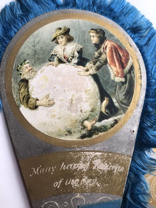 Chromolithographed folding fan with blue tassel fringe: man in huge snowball, elves and forest creatures, etc. - Xmas card