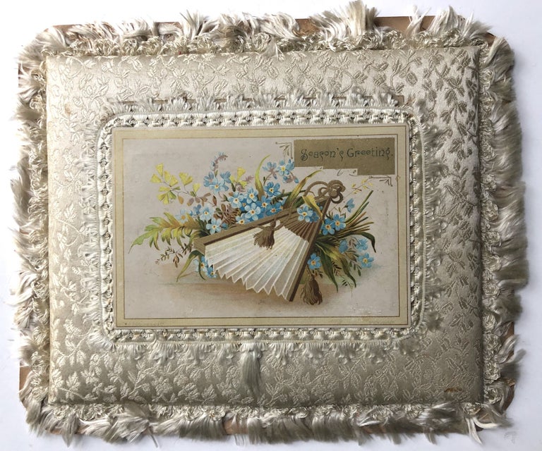 Item #H8307 1890s very elaborate pillowed pale gray silk brocade and chromolithograph Christmas card (9 x 7.5 inches). S. Hildesheimer, Co.