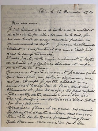 Item #H8355 Letter written from Paris, 12 November 1914, on the Battle of the Marne, the progress...