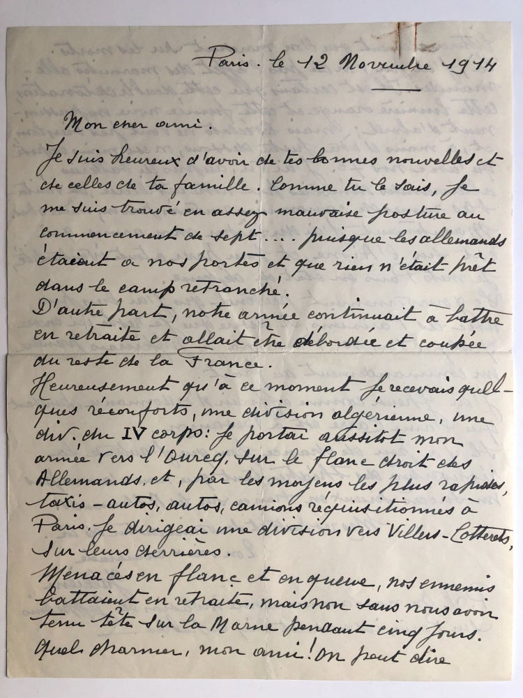 Item #H8355 Letter written from Paris, 12 November 1914, on the Battle of the Marne, the progress of the Germans and his predictions of what's to come. Joseph Simon Gallieni.