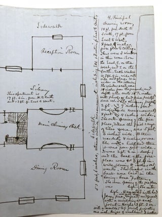 Ca. 1890s detailed drawing of the layout of the first floor of a large house (two reception rooms, drawing room, library, etc.), location unknown