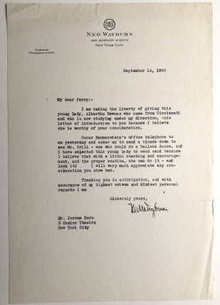 Item #H8410 1932 letter to Jerome Kern, sending him and Oscar Hammerstein the dancer Albertha...
