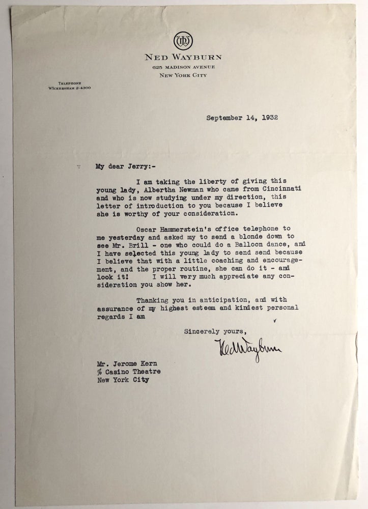 Item #H8410 1932 letter to Jerome Kern, sending him and Oscar Hammerstein the dancer Albertha Newman in response to their request for a blonde who could do a Balloon Dance. Dance, Ned Wayburn.