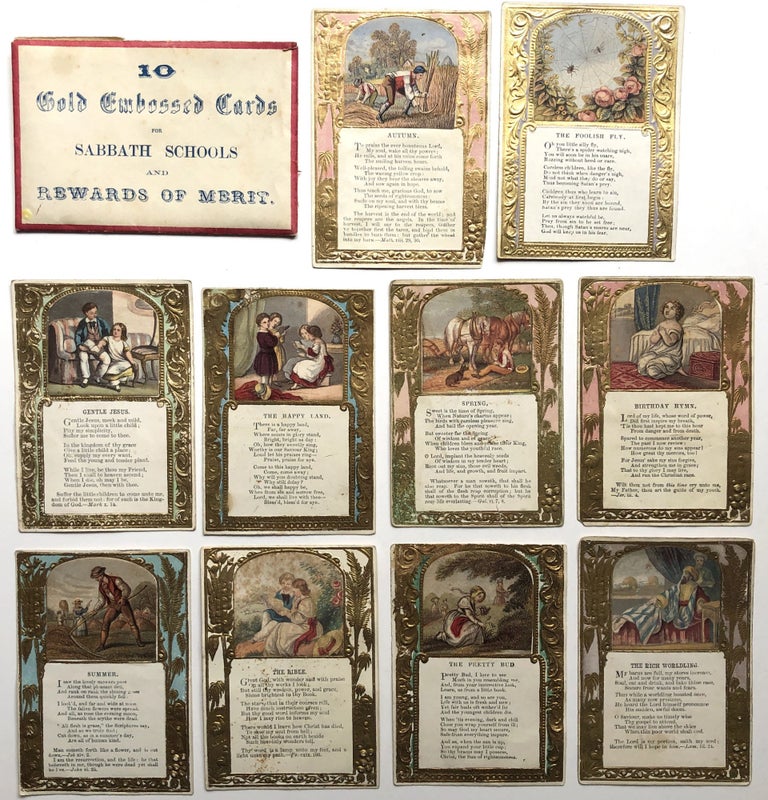 Item #H8434 "10 Gold Embossed Cards for Sabbath Schools and Rewards of Merit" - printed envelope with 10 embossed and gilded cards with pasted on chromolithograph scenes. publisher Thomas Nelson.