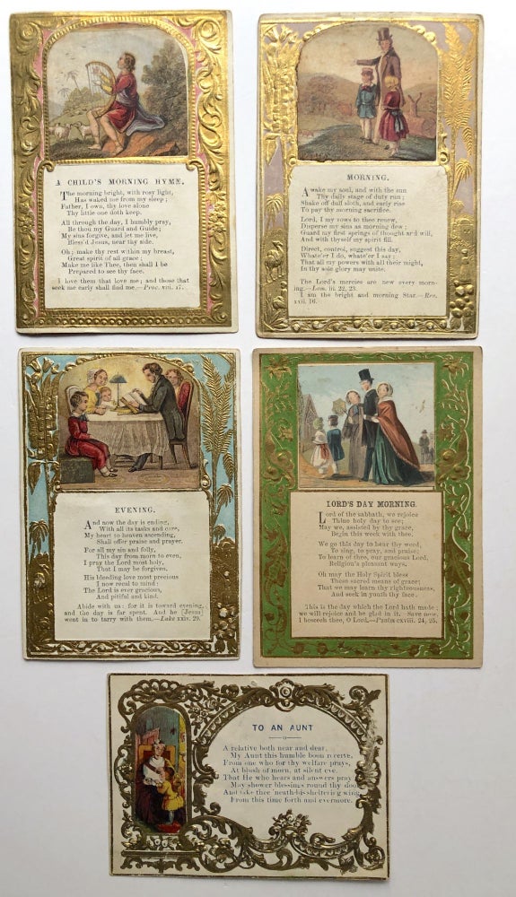Item #H8436 5 Sunday School gilt embossed cards with Baxter-style prints. publisher Thomas Nelson.