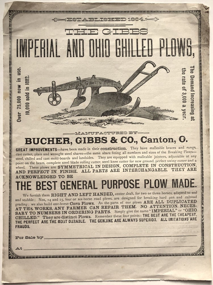 Item #H8473 1882 large flyer (12.5 x 9.25 inches) for Gibbs Imperial and Ohio Chilled Plows. Gibbs Bucher, Co.